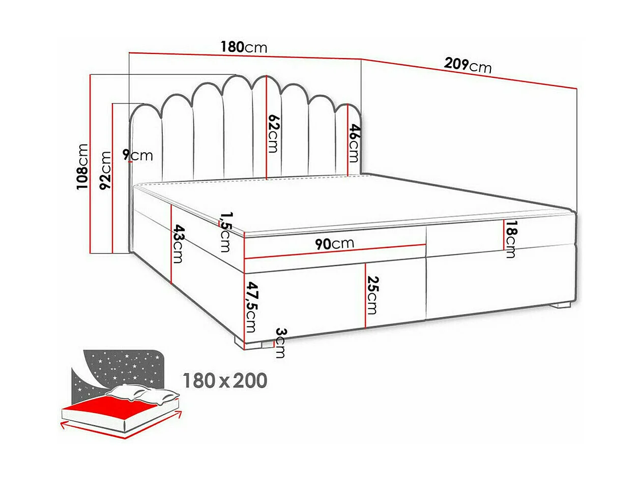 Lit continental Stamford 100, Double, Continental, Rouge, 180x200, Tapisserie, 180x209cm