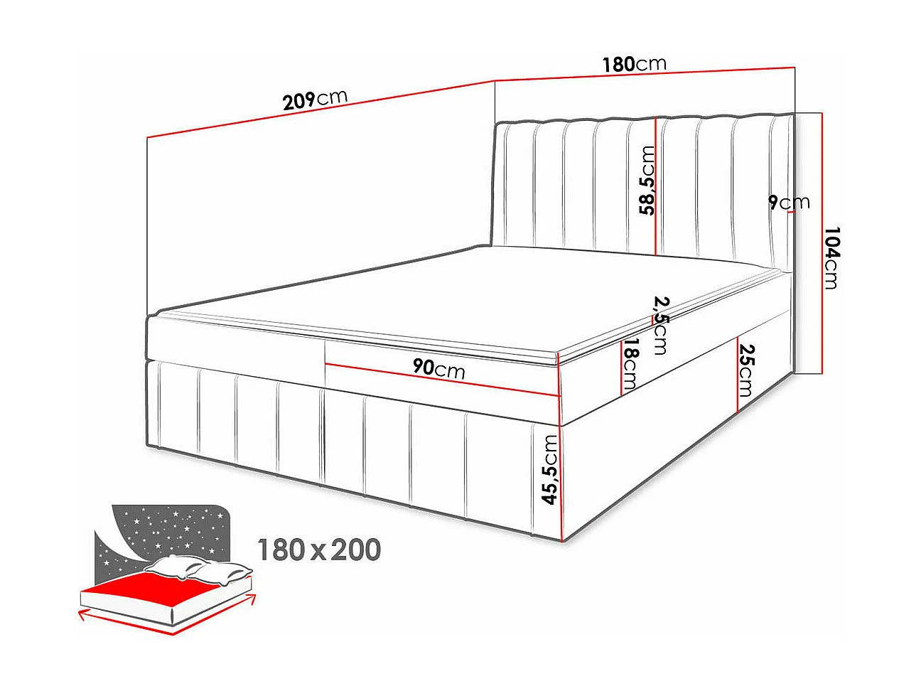 Cama continental Stamford 106, Continental, Doble, Gris, 180x200, Tapiz, Somieres, 180cm