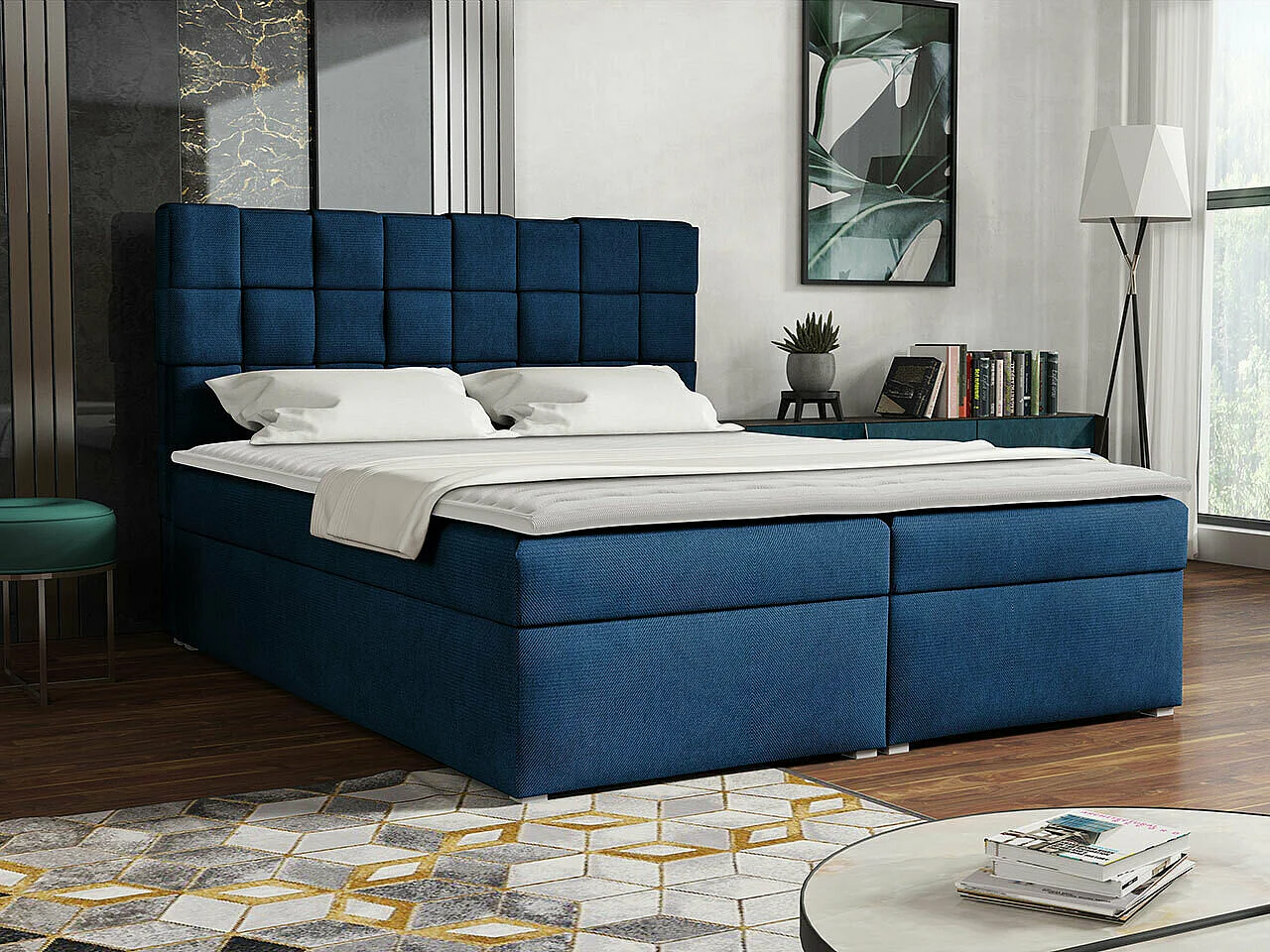 Lit continental Pomona 117, Continental, Double, Bleu, 160x200, Tapisserie, 160x215x115cm