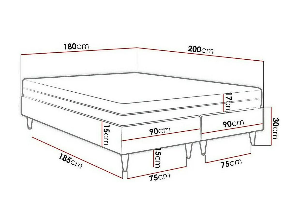 Cama continental Logan 109, Doble, Continental, Negro, 180x200, Cuero ecológico, Somieres