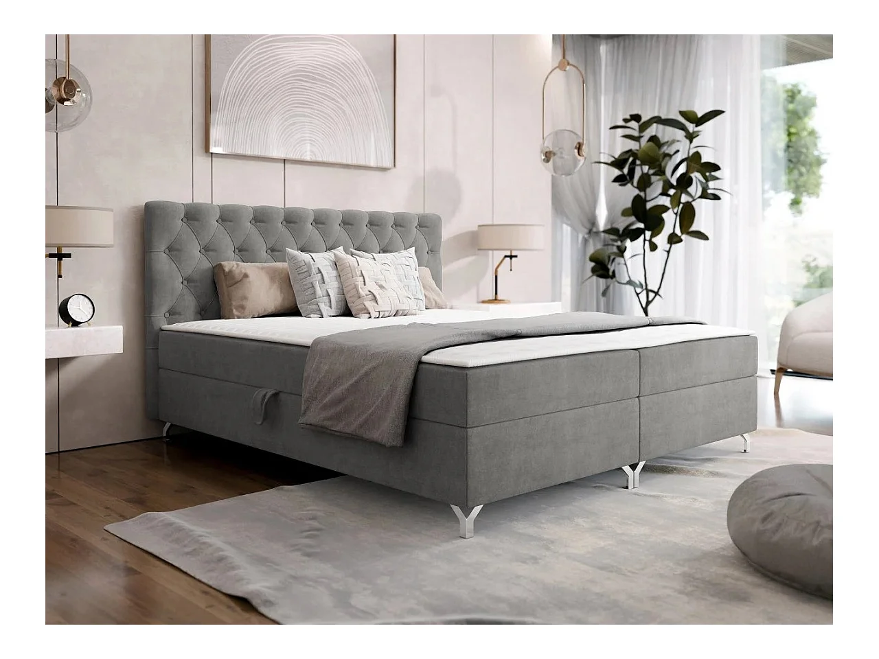 Cama continental Memphis 141, Continental, Doble, Gris, 140x200, Somieres, 146x207x114cm