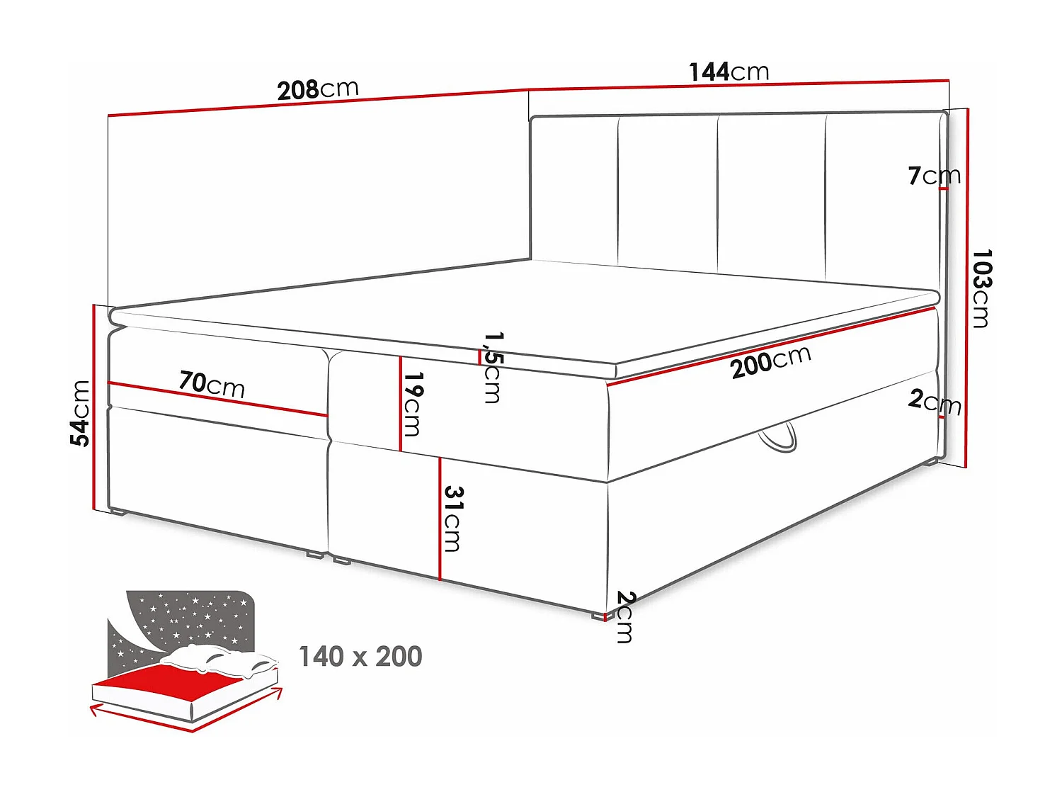 Cama continental Baltimore 147, Continental, Doble, Rosa, 140x200, Tapiz, Somieres, 144cm