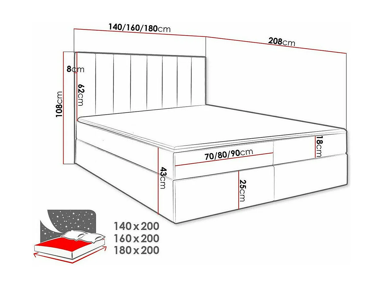 Cama continental Stamford 101, Casal, Cinzento, Tecido, 14x21x11cm