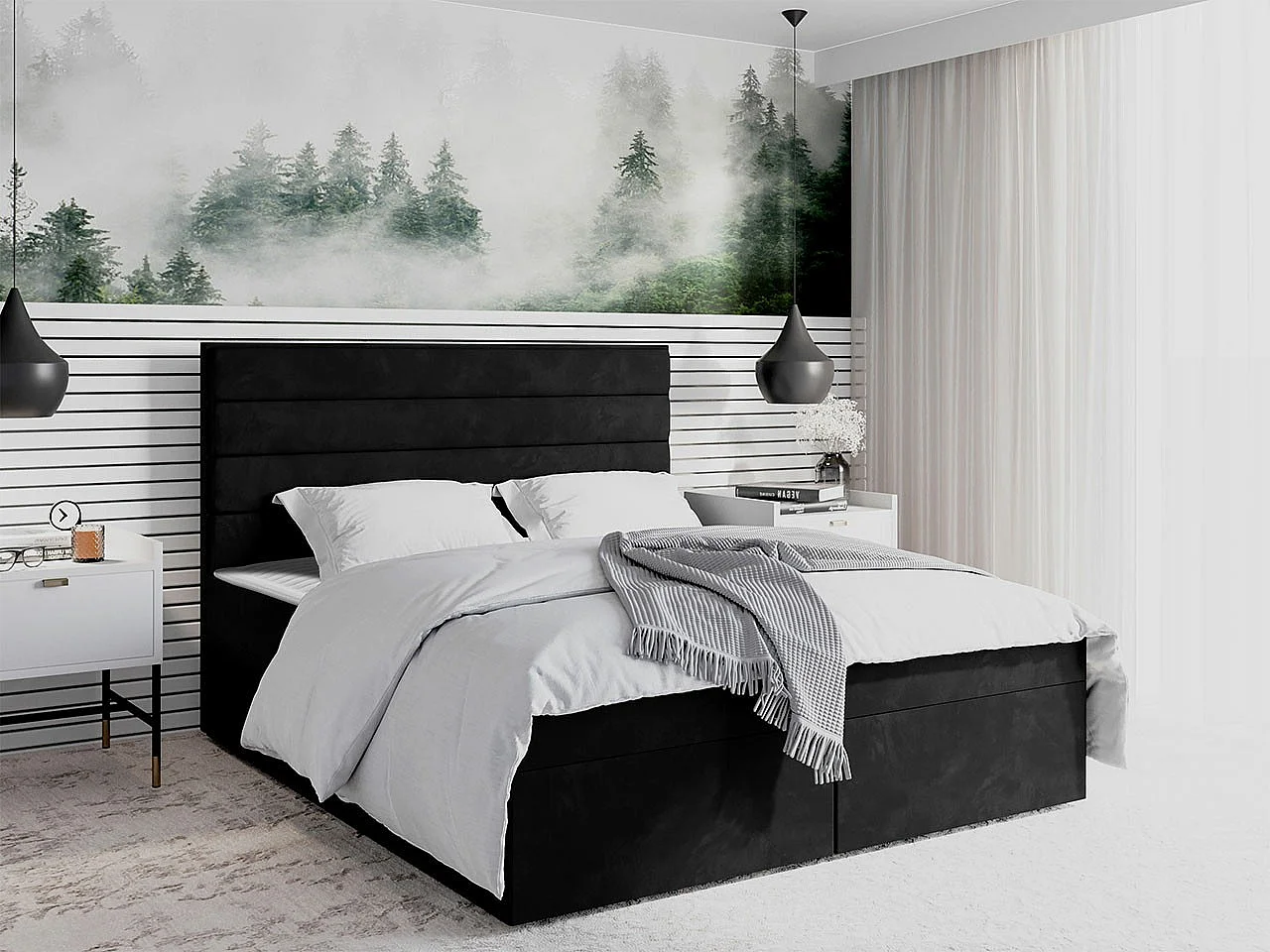 Cama continental Stamford 104, Casal, Preto, Tecido, Estrados de cama