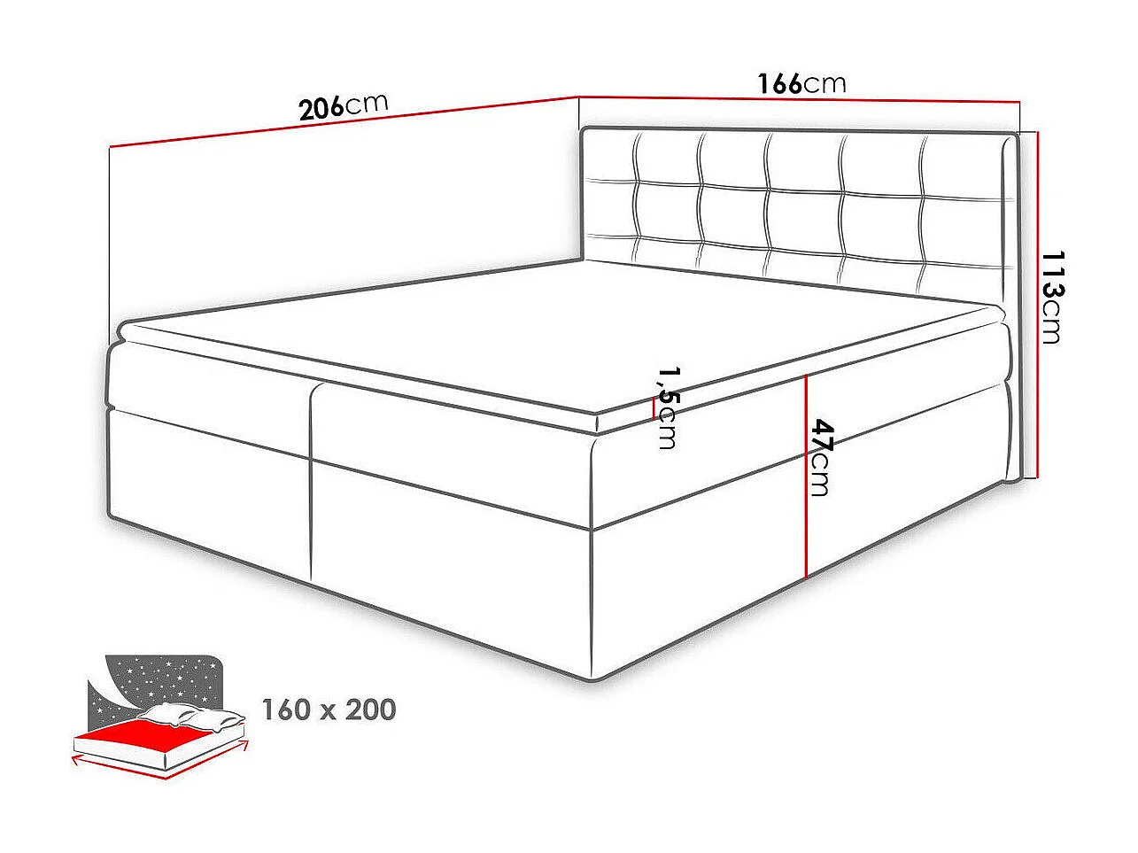 Cama continental Comfivo 195, Continental, Doble, Azul, 160x200, Tapiz, Somieres, 166cm
