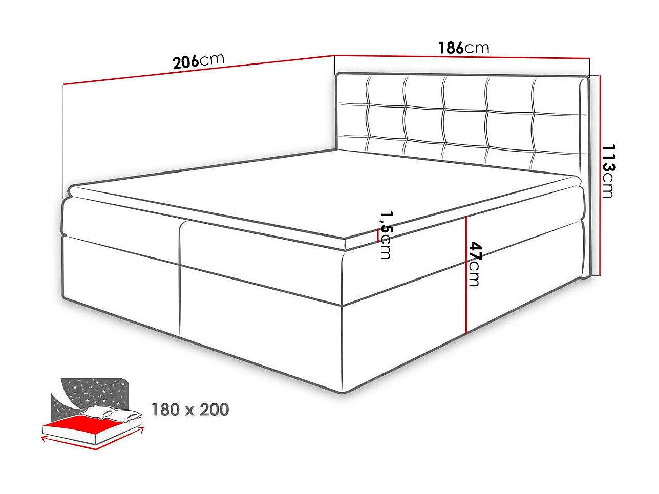 Cama continental Comfivo 195, Continental, Doble, Blanco, 180x200, Cuero ecológico, 186cm