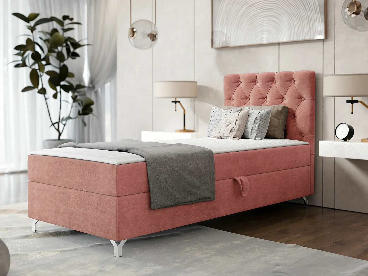 Cama continental Memphis 142, Continental, Individuales, Rosa, 90x200, Tapiz, Somieres,
