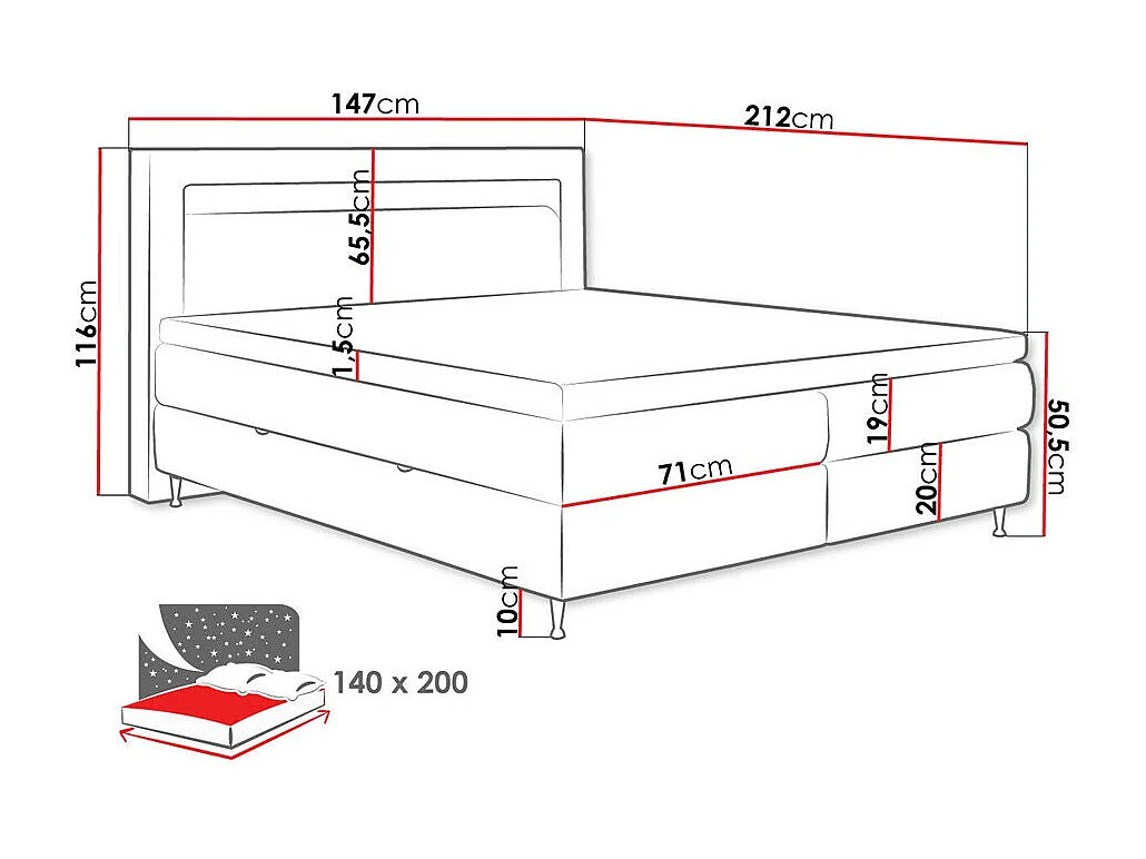 Lit continental ComfiDream 182, Continental, Double, Blanc, 140x200, Faux cuir, 147x212cm