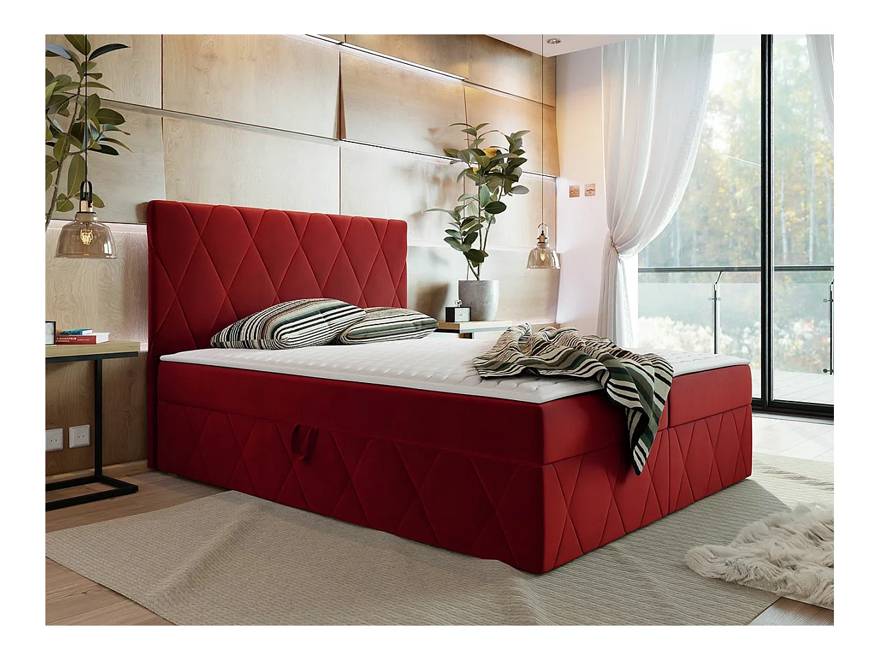 Lit continental Comfivo 225, Double, Continental, Rouge, 160x200, Tapisserie, 163x206cm
