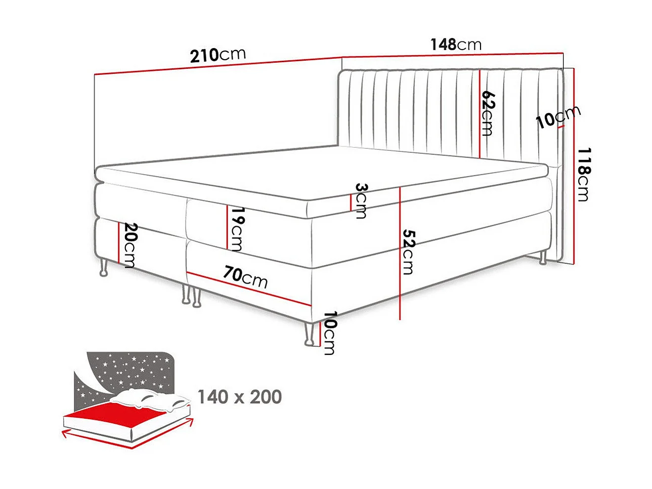 Cama continental ComfiDream 156, Continental, Doble, De color marrón claro, 140x200,