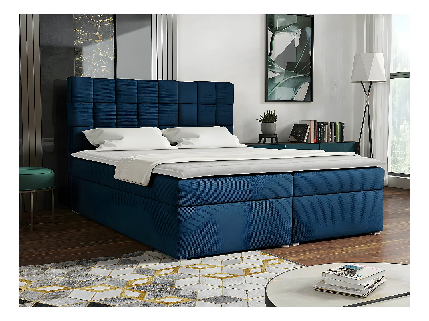 Cama continental Pomona 117, Continental, Doble, Azul, 180x200, Tapiz, Somieres, 180cm