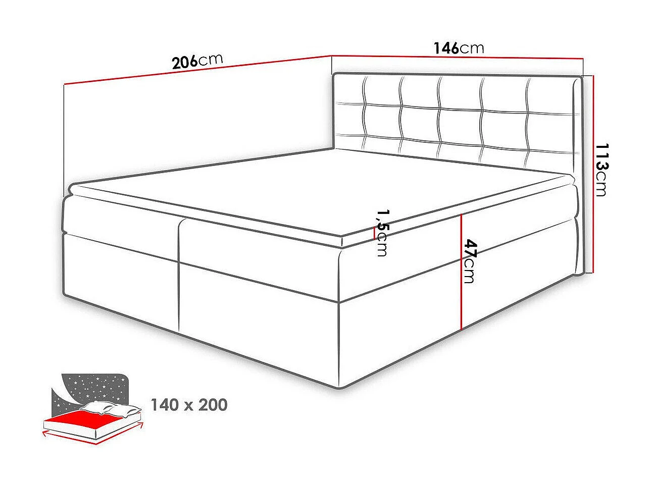 Cama continental Comfivo 195, Continental, Doble, Verde, 140x200, Tapiz, Somieres, 146cm