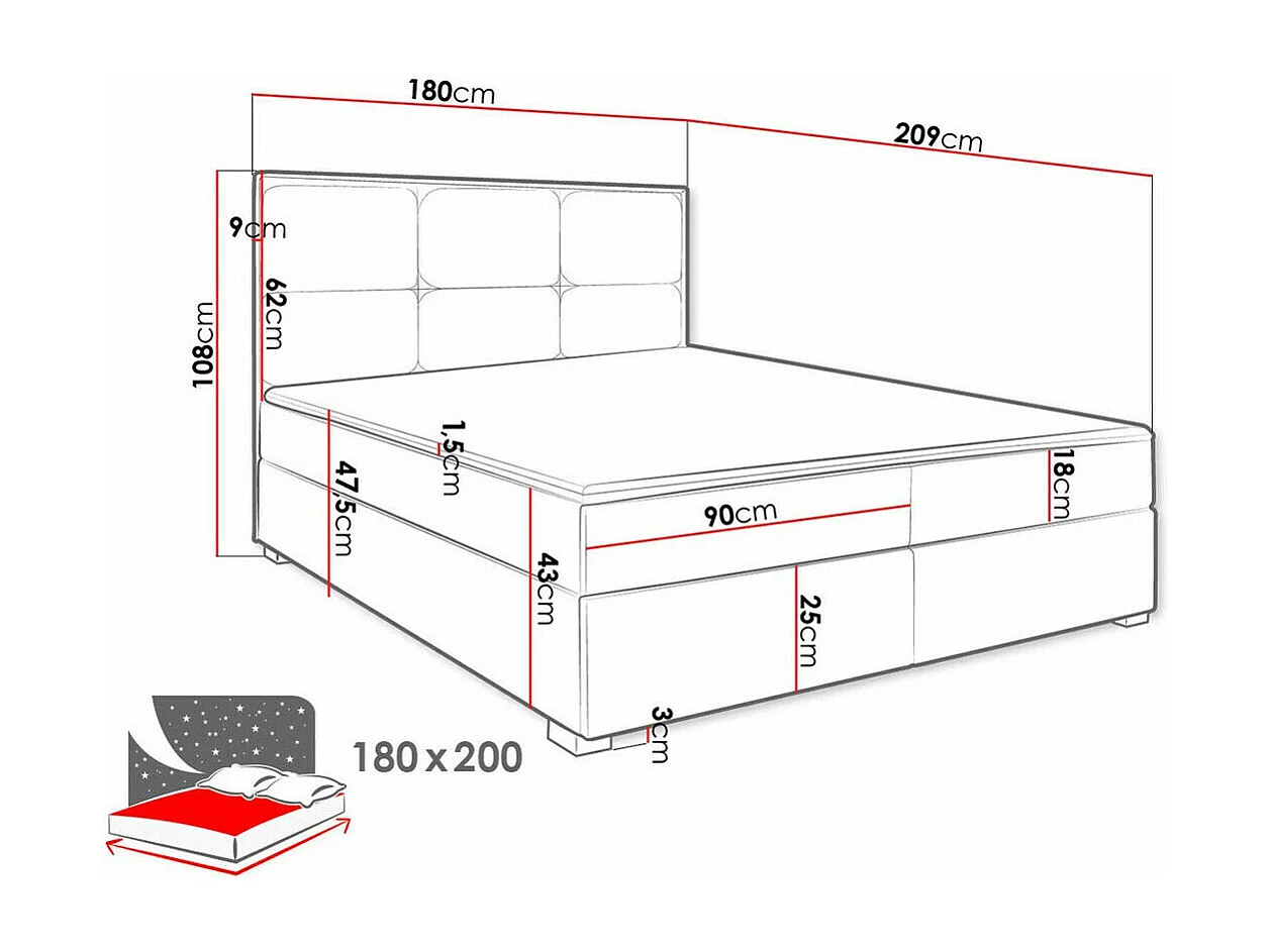 Lit continental Stamford 103, Double, Continental, Rouge, 180x200, Tapisserie, 180x209cm