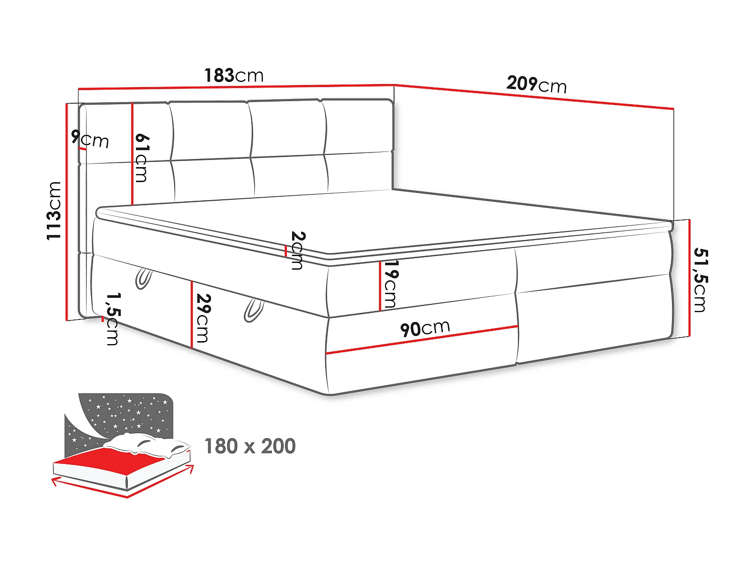 Cama continental ComfiDream 187, Casal, Cinzento, Tecido, 18x21x11cm