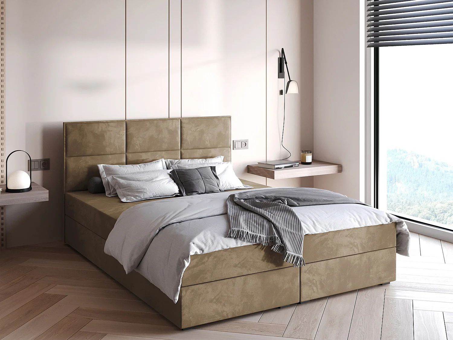Lit continental Stamford 103, Double, Continental, Brun clair, 160x200, Tapisserie, 160cm