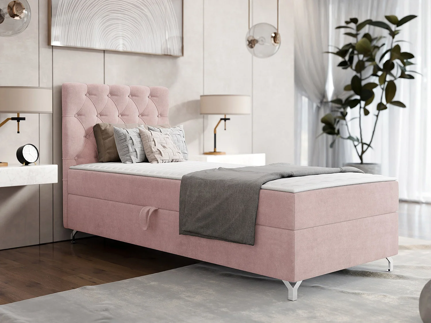 Cama continental Memphis 142, Continental, Individuales, Rosa, 80x200, Tapiz, Somieres,
