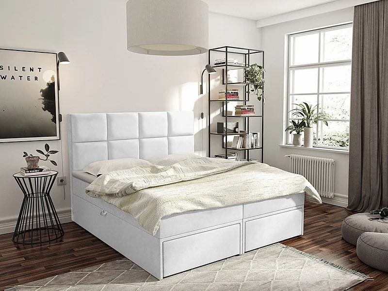 Cama continental Eugene 101, Doble, Continental, Blanco, 200x200, Cuero ecológico, 200cm