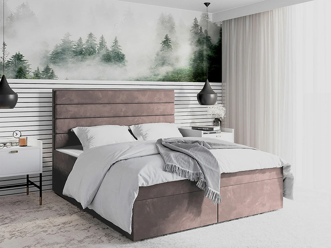 Lit continental Stamford 104, Double, Continental, Rose, 140x200, Tapisserie, 140x209cm