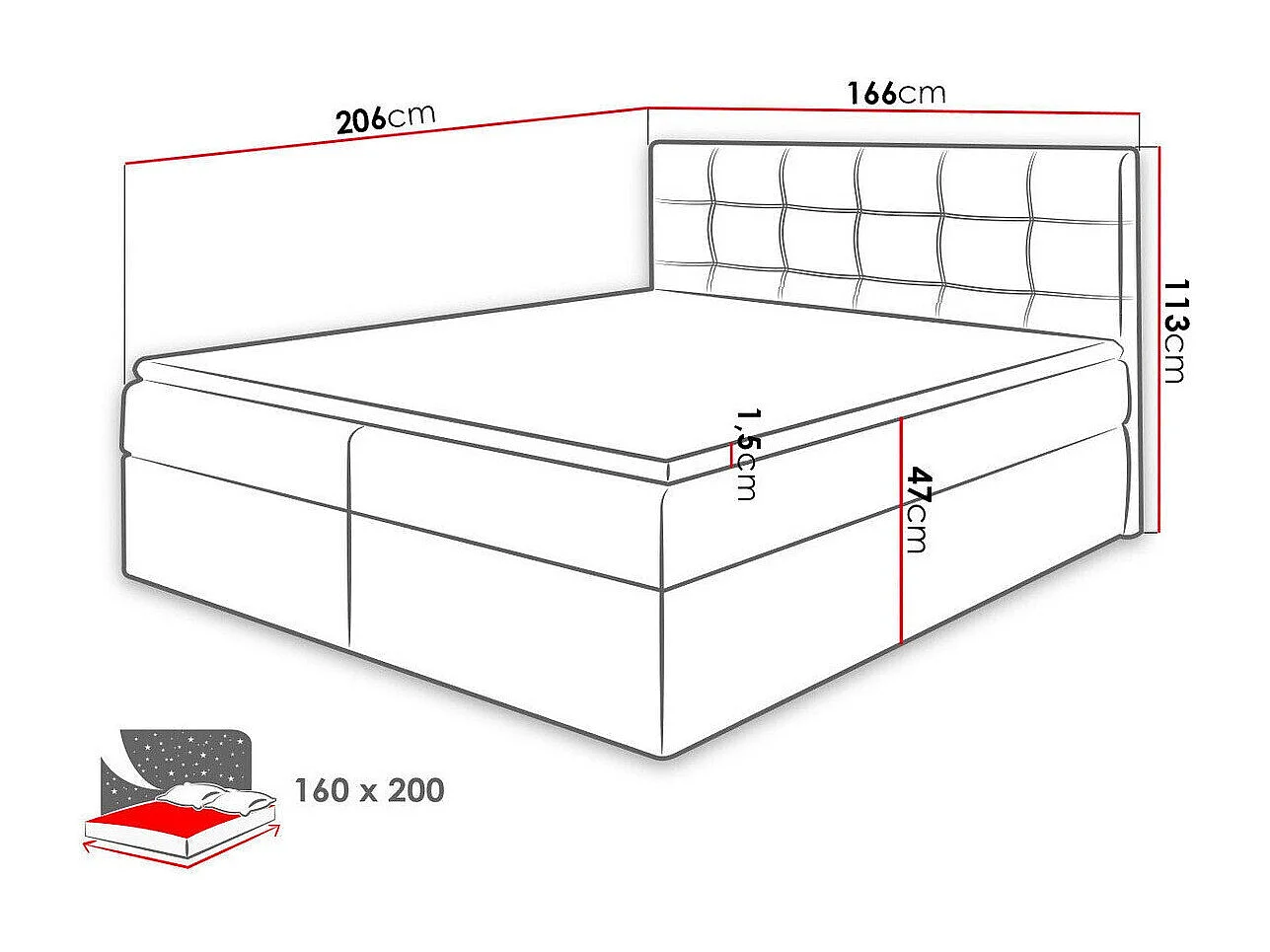 Cama continental Comfivo 195, Continental, Doble, Gris, 160x200, Tapiz, Somieres, 166cm