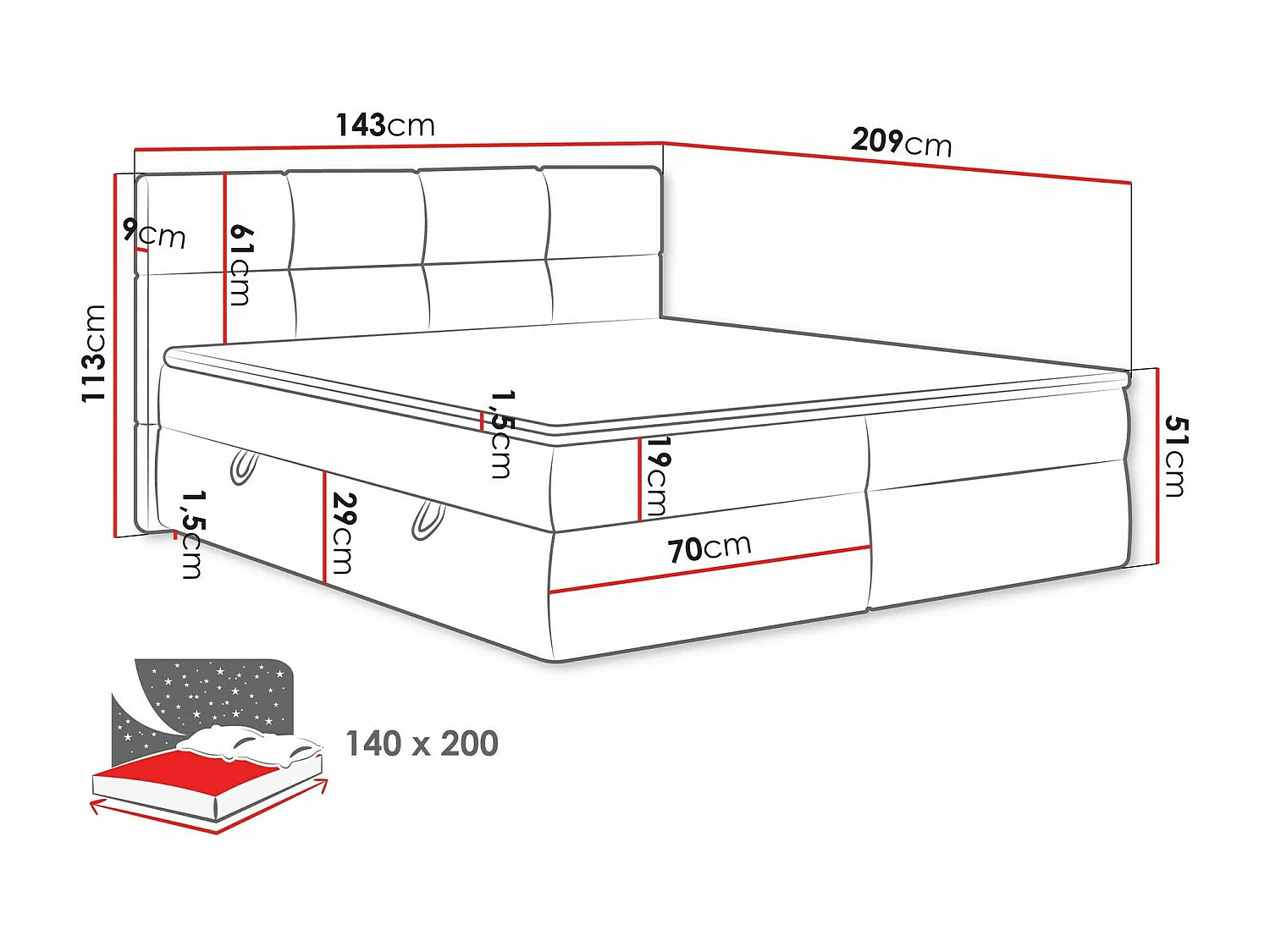Cama continental ComfiDream 187, Continental, Castanho claro, Tecido