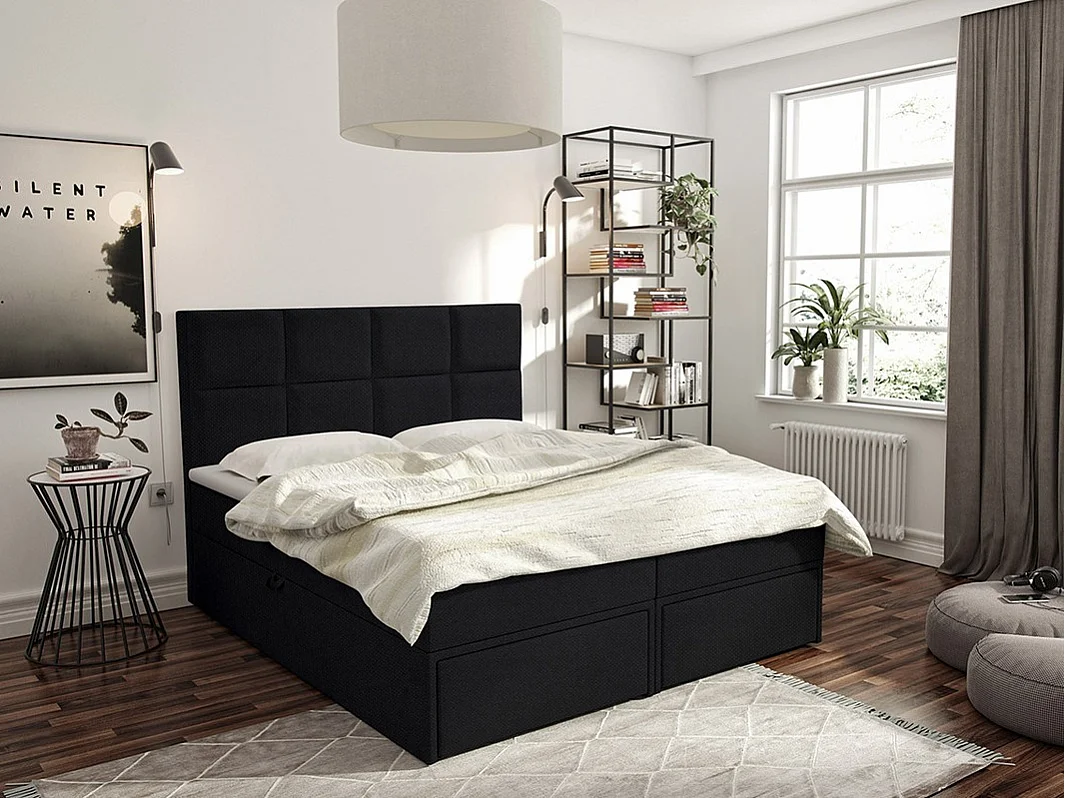 Cama continental Eugene 101, Doble, Continental, Negro, 160x200, Tapiz, Somieres, 160cm