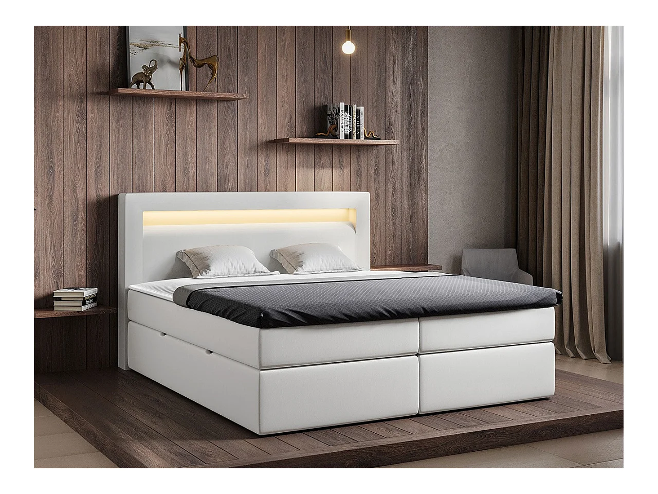 Lit continental Beloit 111, Double, Blanc, 180x200, Faux cuir, Sommier à lattes, 187cm