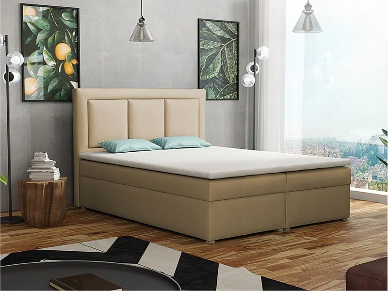 Lit continental Pomona 112, Double, Continental, Brun clair, 140x200, Tissu, Disponible,