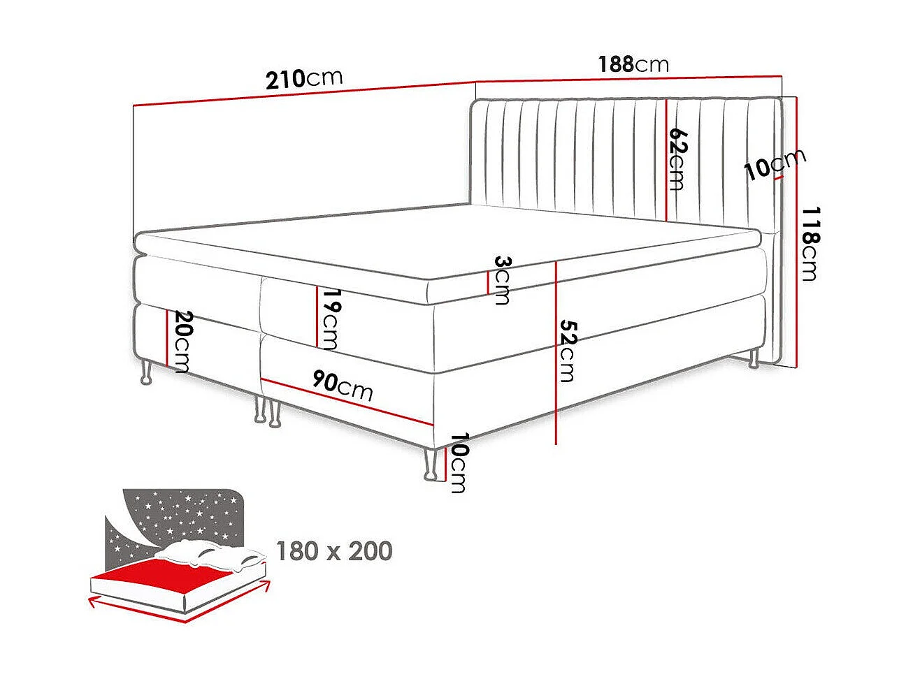 Cama continental ComfiDream 156, Continental, Doble, De color marrón claro, 180x200,