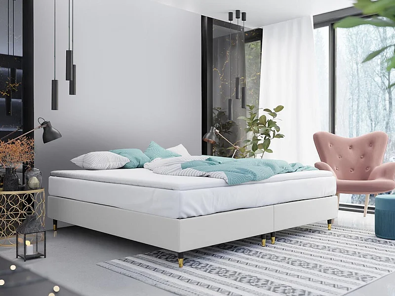 Cama continental Logan 109, Doble, Continental, Blanco, 140x200, Cuero ecológico, 140cm