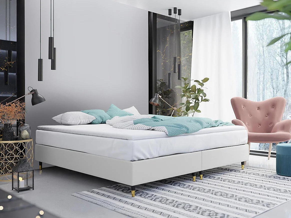 Cama continental Logan 109, Casal, Branco, Eco couro, Estrados de cama