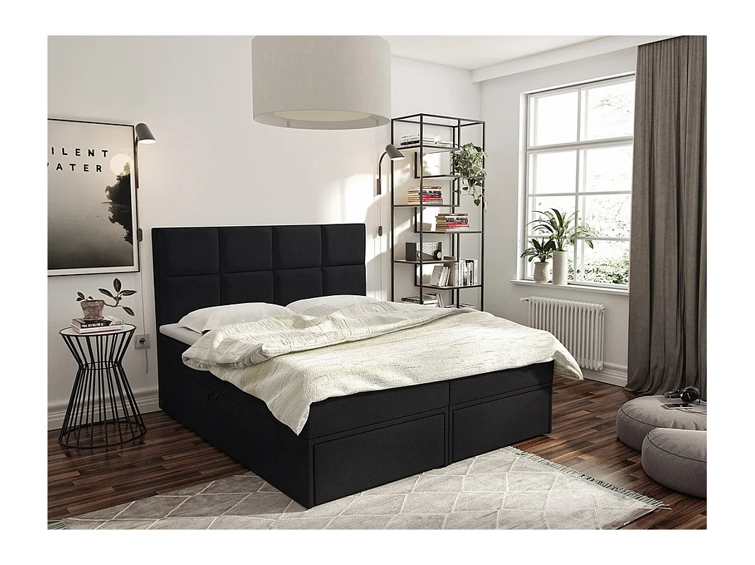 Lit continental Eugene 101, Continental, Double, Noir, 140x200, Faux cuir, 140x207x120cm