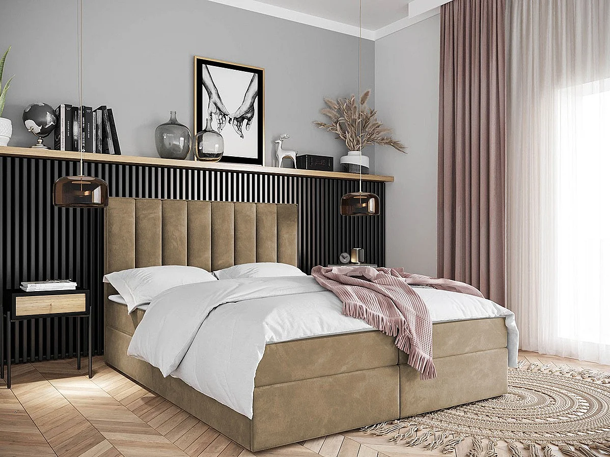 Cama continental Stamford 101, Casal, Castanho claro, Tecido