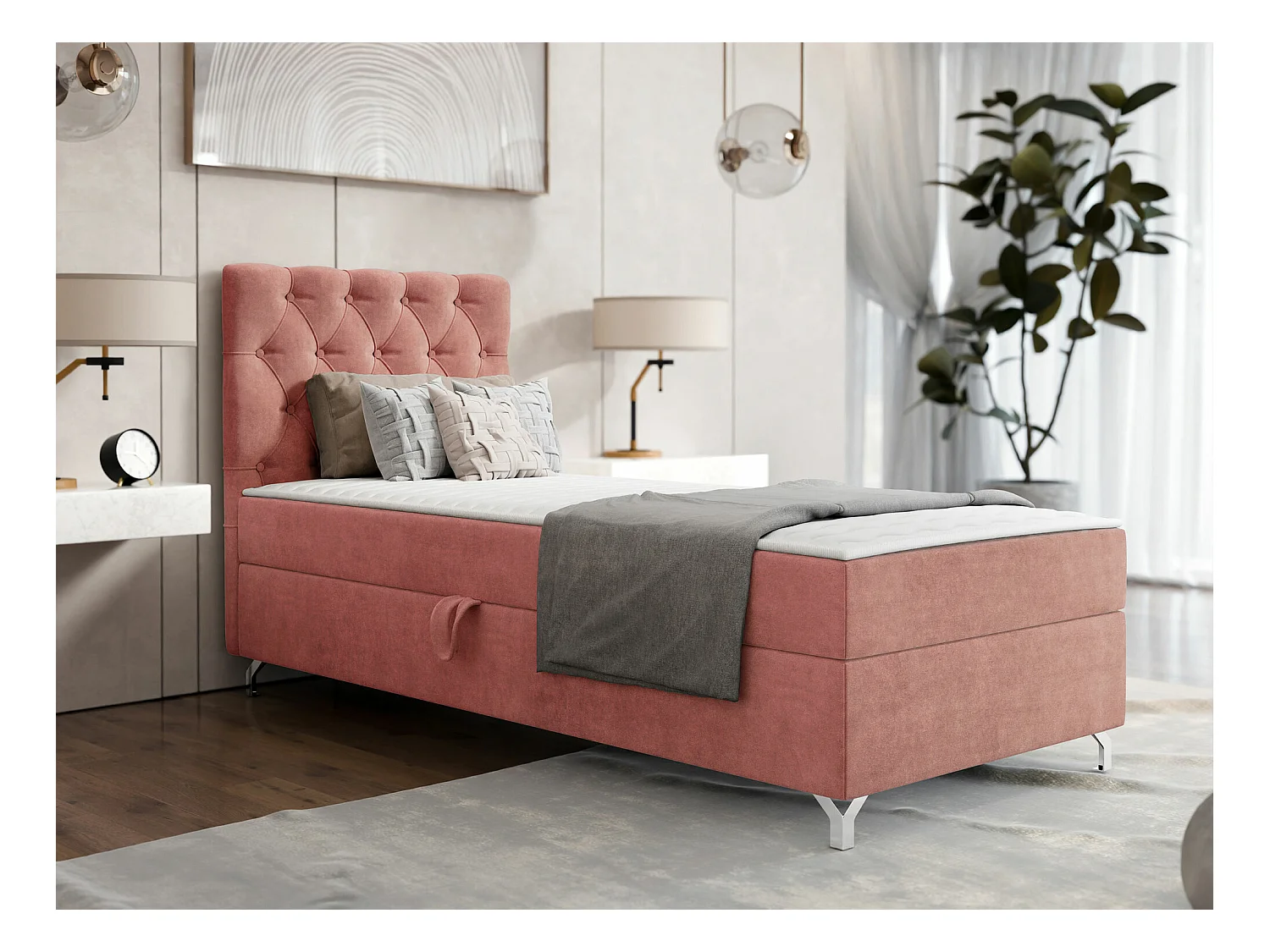 Cama continental Memphis 142, Solteiro, Rosé, Tecido, Estrados de cama