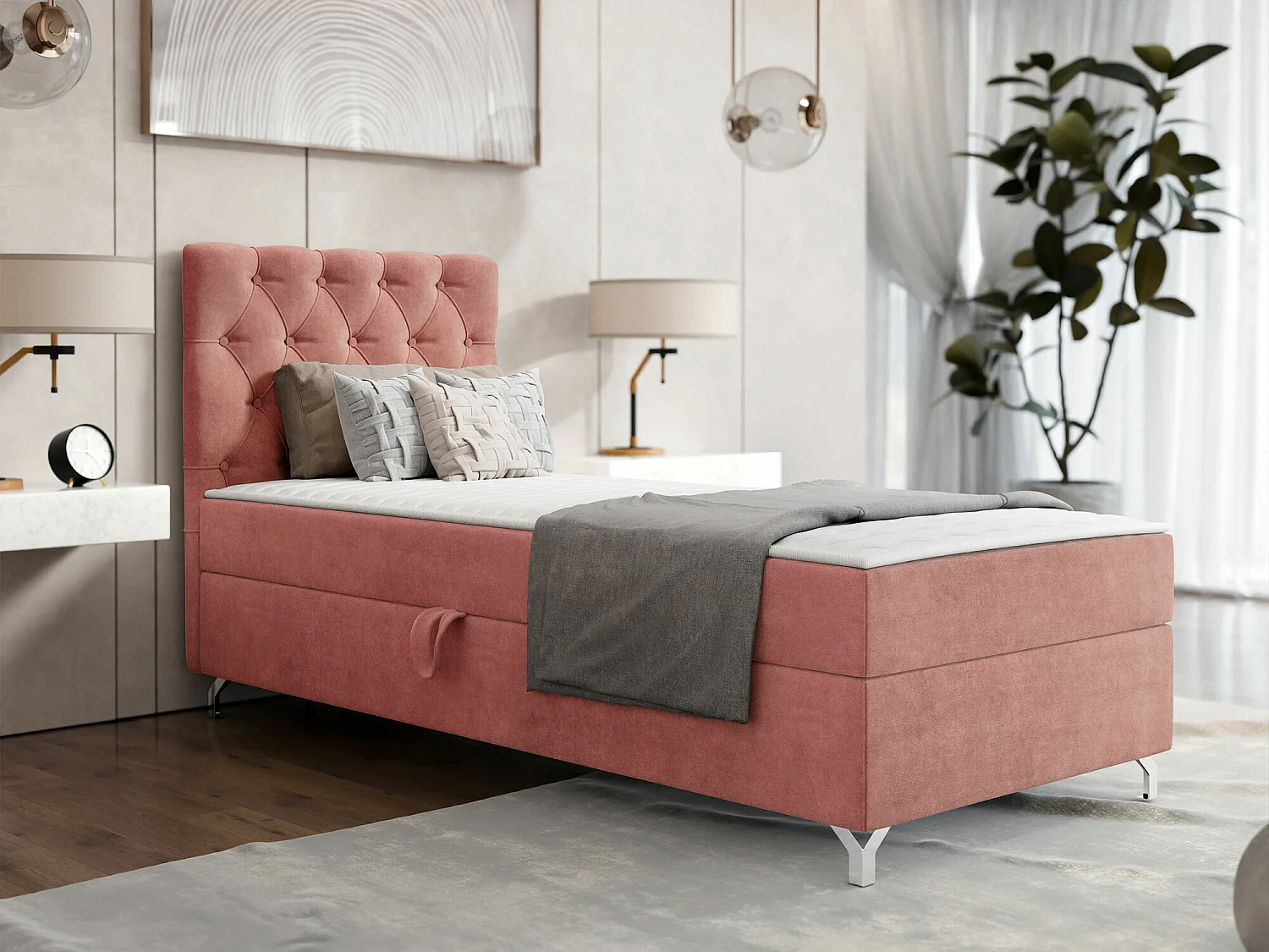 Cama continental Memphis 142, Continental, Individuales, Rosa, 90x200, Tapiz, Somieres,