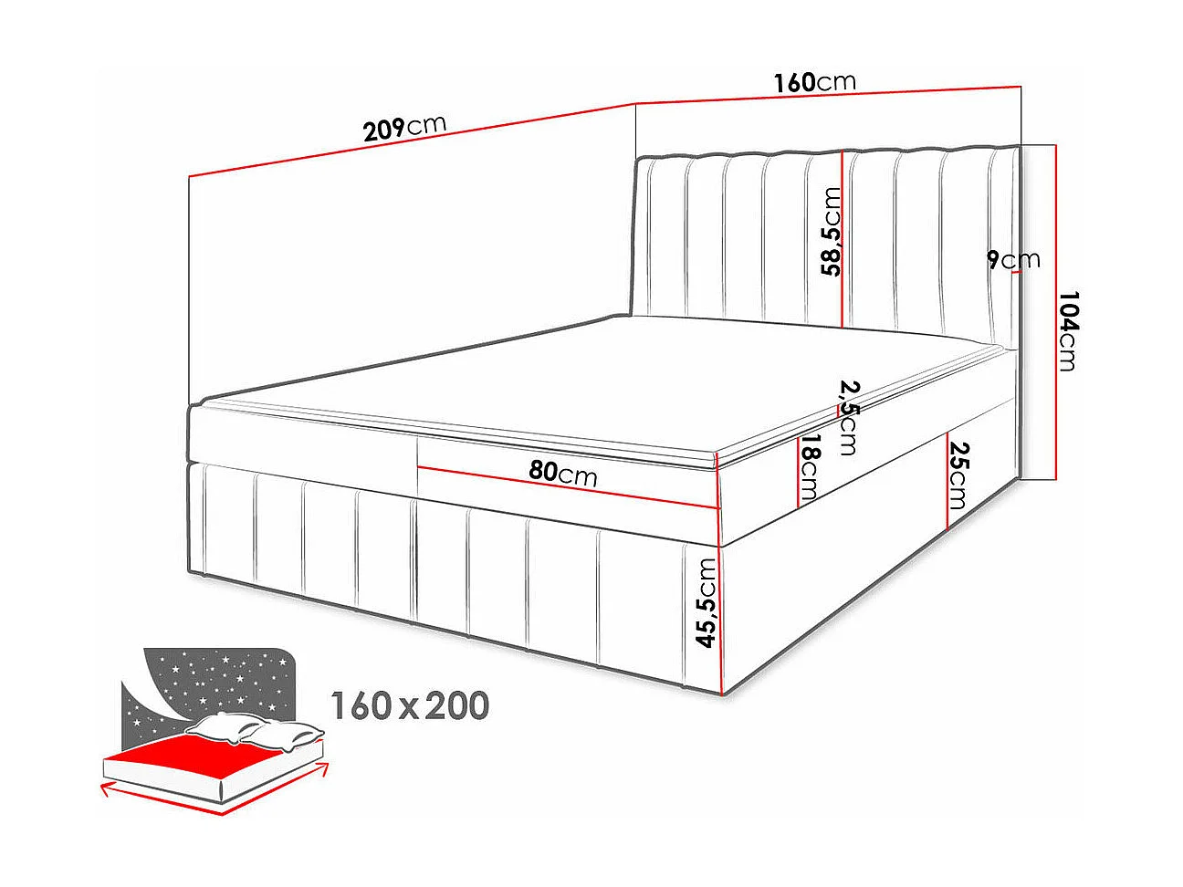 Lit continental Stamford 106, Double, Continental, Vert, 160x200, Tapisserie, 160x209cm