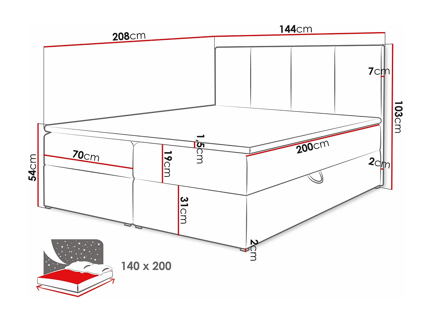 Cama continental Baltimore 147, Casal, Castanho claro, Tecido