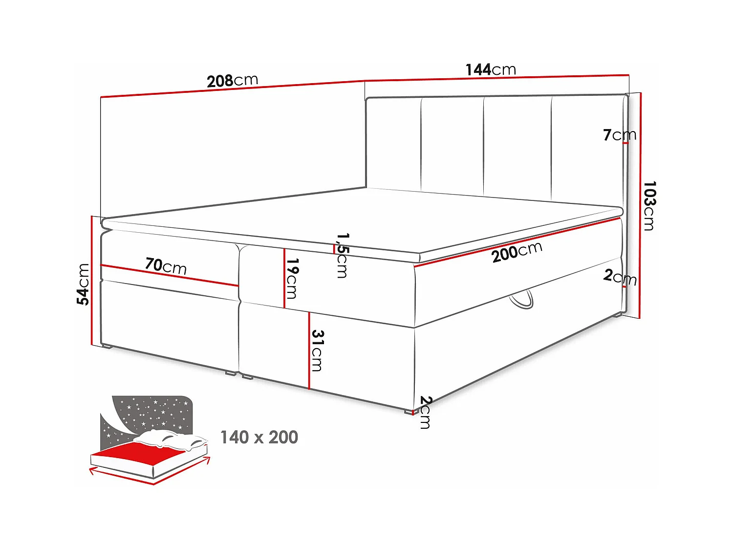 Cama continental Baltimore 147, Continental, Doble, De color marrón claro, 140x200, Tapiz