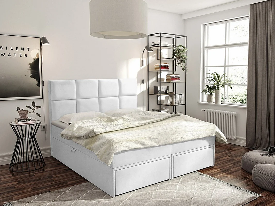 Cama continental Eugene 101, Doble, Continental, Blanco, 180x200, Cuero ecológico, 180cm