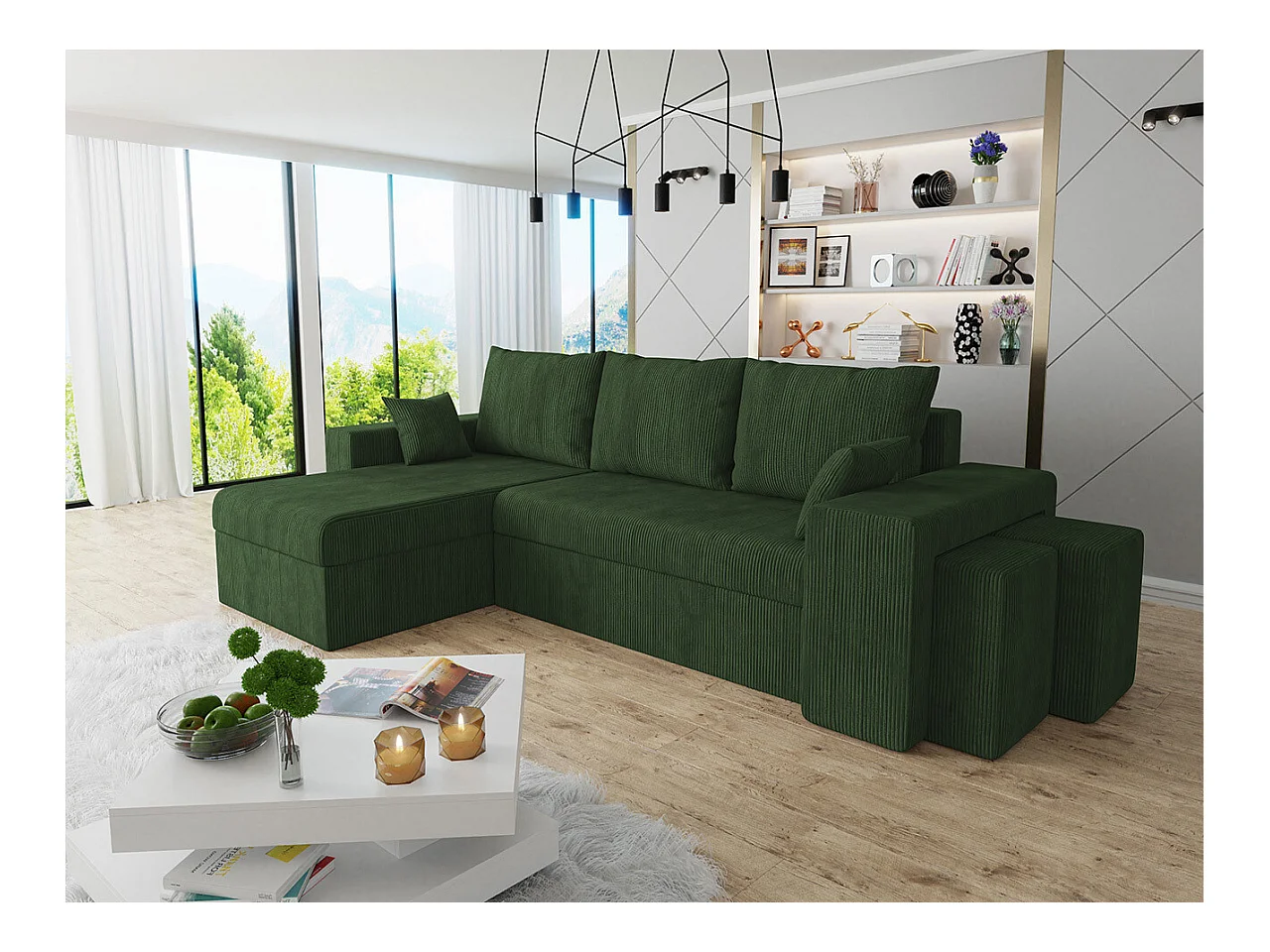 Sofá rinconero Memphis 138, Verde, Función de descanso, Almacenaje, 256x139x80cm