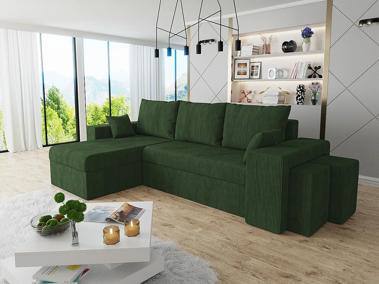 Sofá rinconero Memphis 138, Verde, Función de descanso, Almacenaje, 256x139x80cm