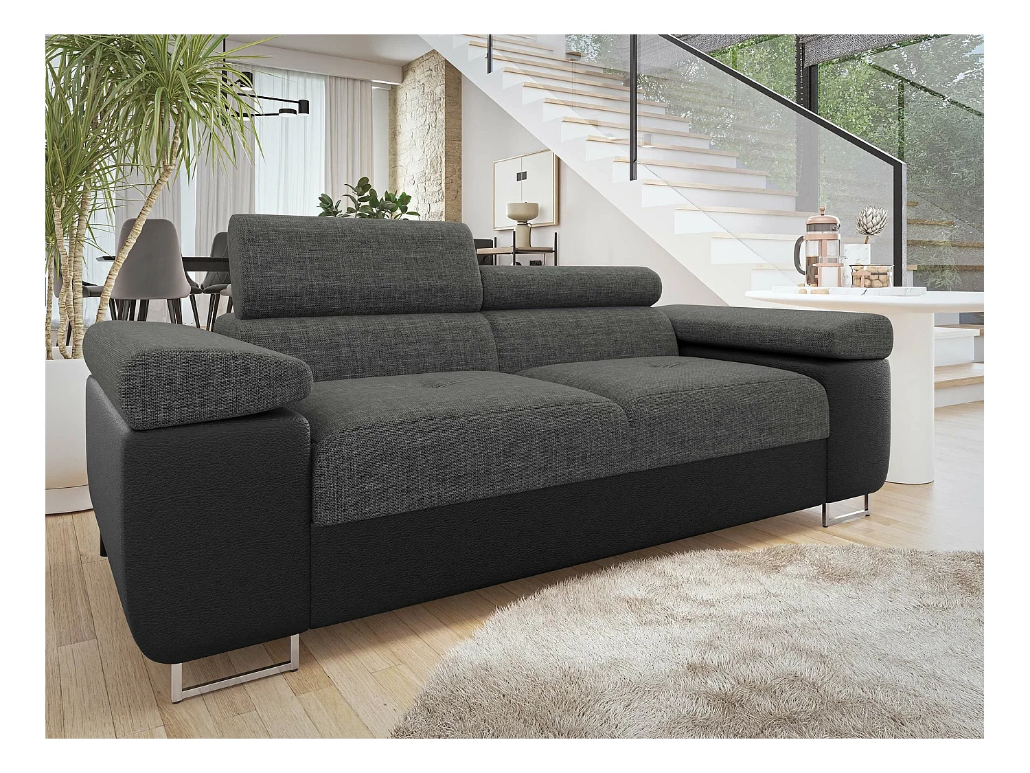 Canapé Comfivo Eliferu 105, Gris, 198x102x70cm, Faux cuir + Tapisserie, Pieds: Métal