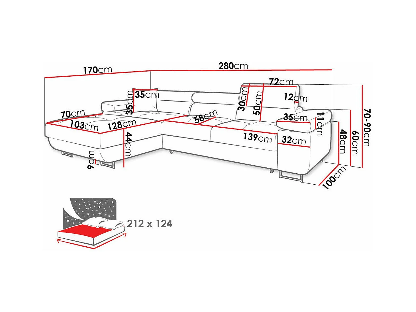 Canapé d'angle Comfivo Eliferu 102, Gris, Fonction de couchage, Boîte de literie, 280cm