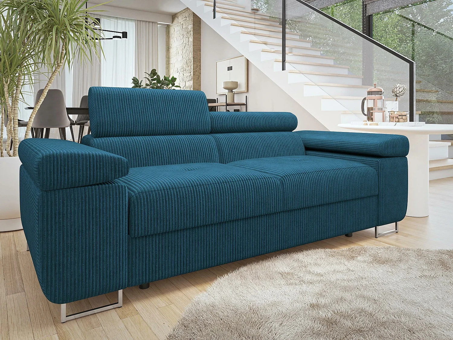 Canapé Comfivo Eliferu 105, Bleu, 198x102x70cm, Tissu, Pieds: Métal