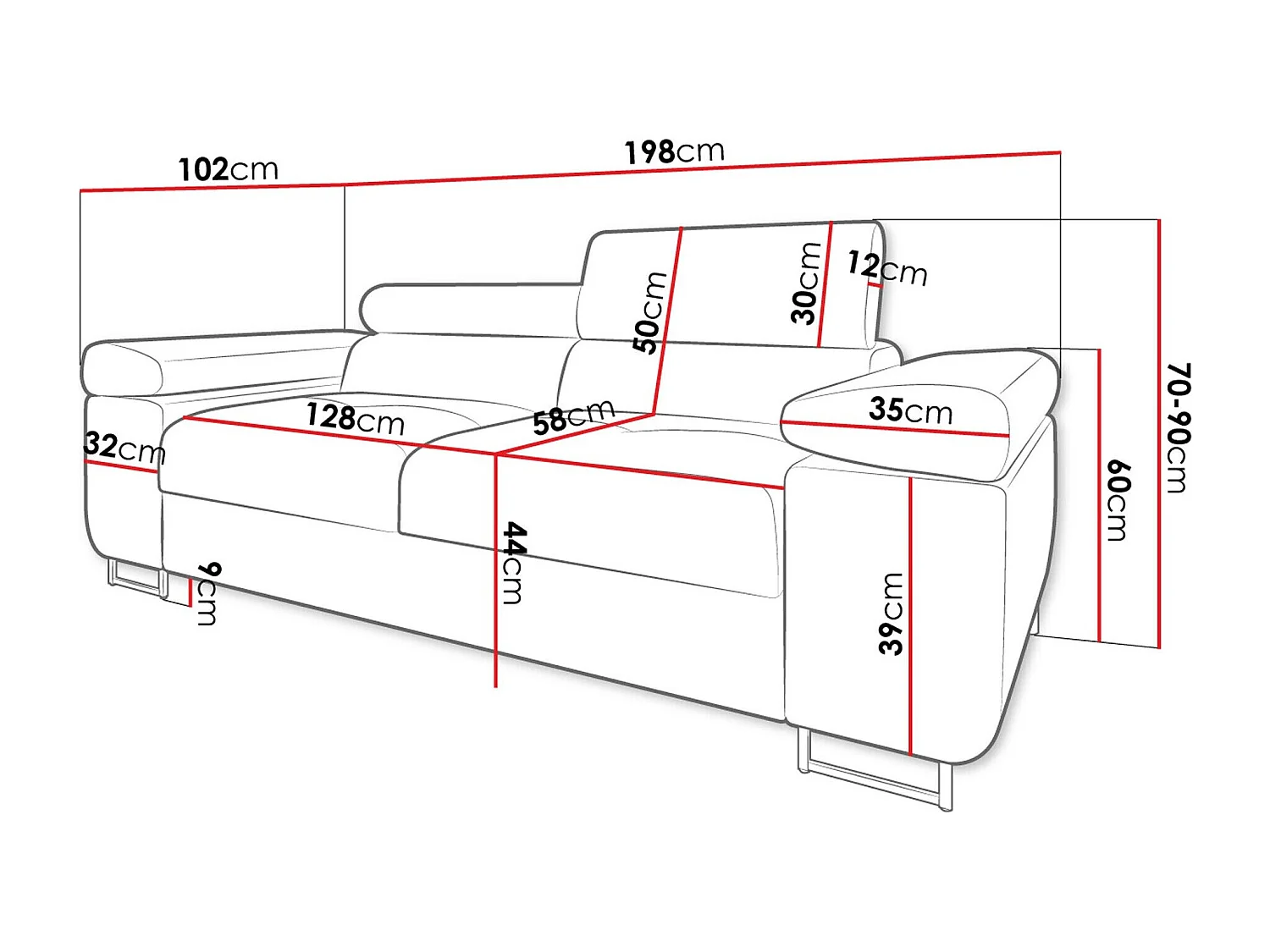Sofá Comfivo Eliferu 105, Gris, 198x102x70cm, Tapiz, Patas: Metal