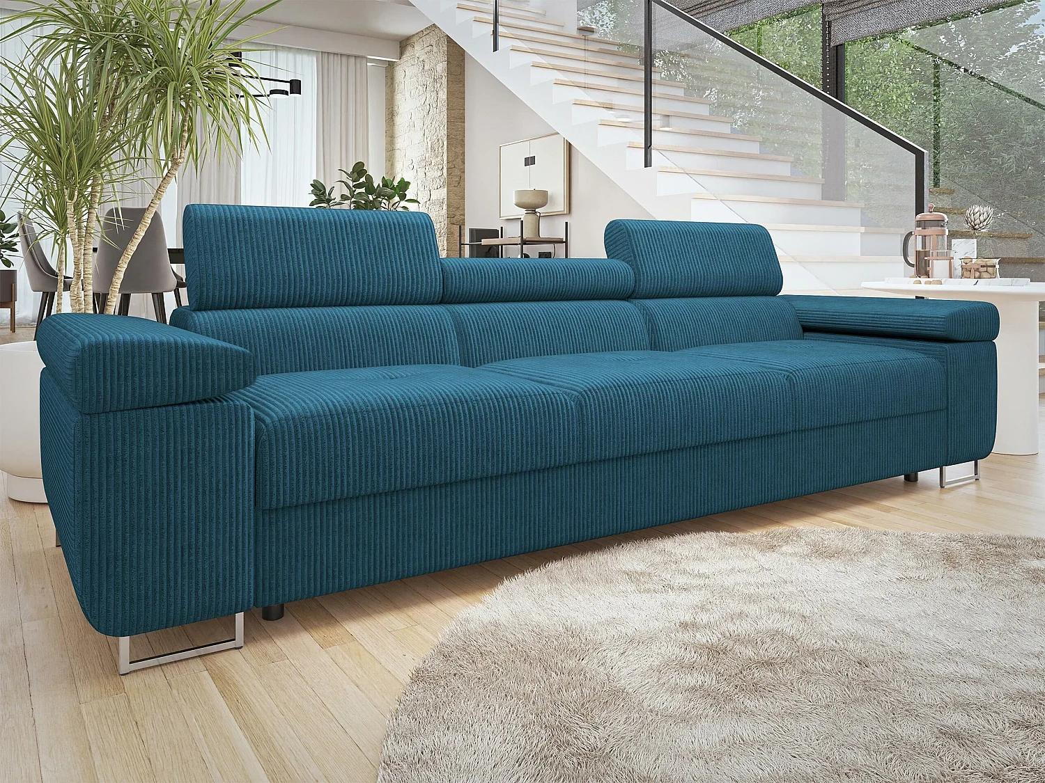 Canapé Comfivo Eliferu 104, Bleu, 263x102x70cm, Tissu, Pieds: Métal