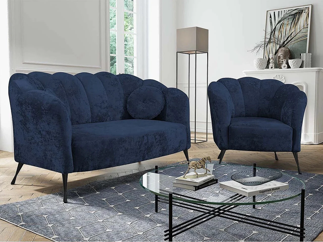 Canapé Providence 151, Bleu, 155x83x78cm, Tissu, Pieds: Métal