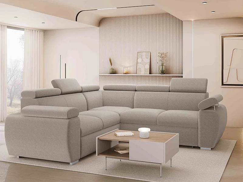 Sofá rinconero Columbus 215, De color marrón claro, Función de descanso, Almacenaje, 85cm