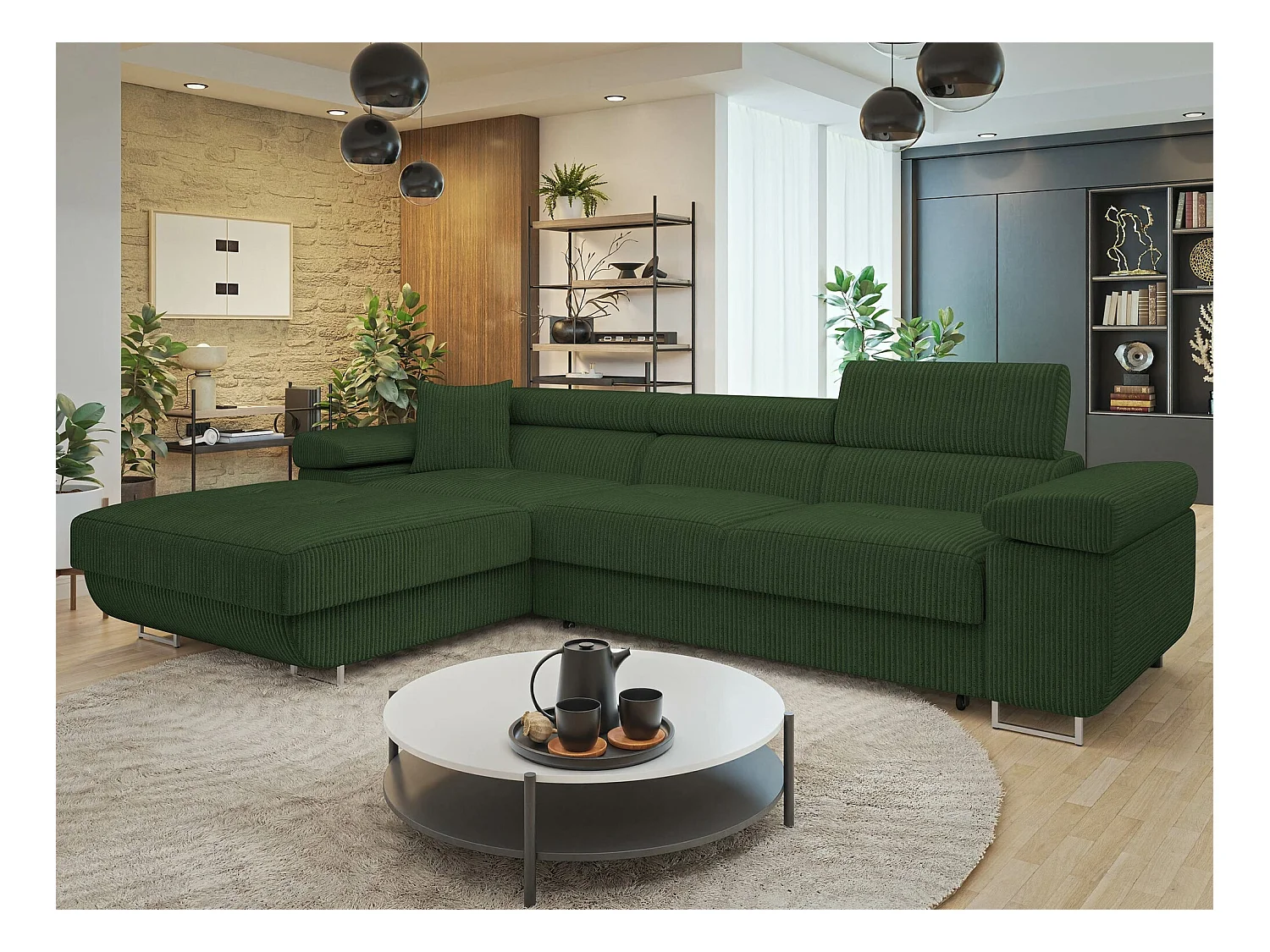 Canapé d'angle Comfivo Eliferu 102, Vert, Fonction de couchage, Boîte de literie, 280cm