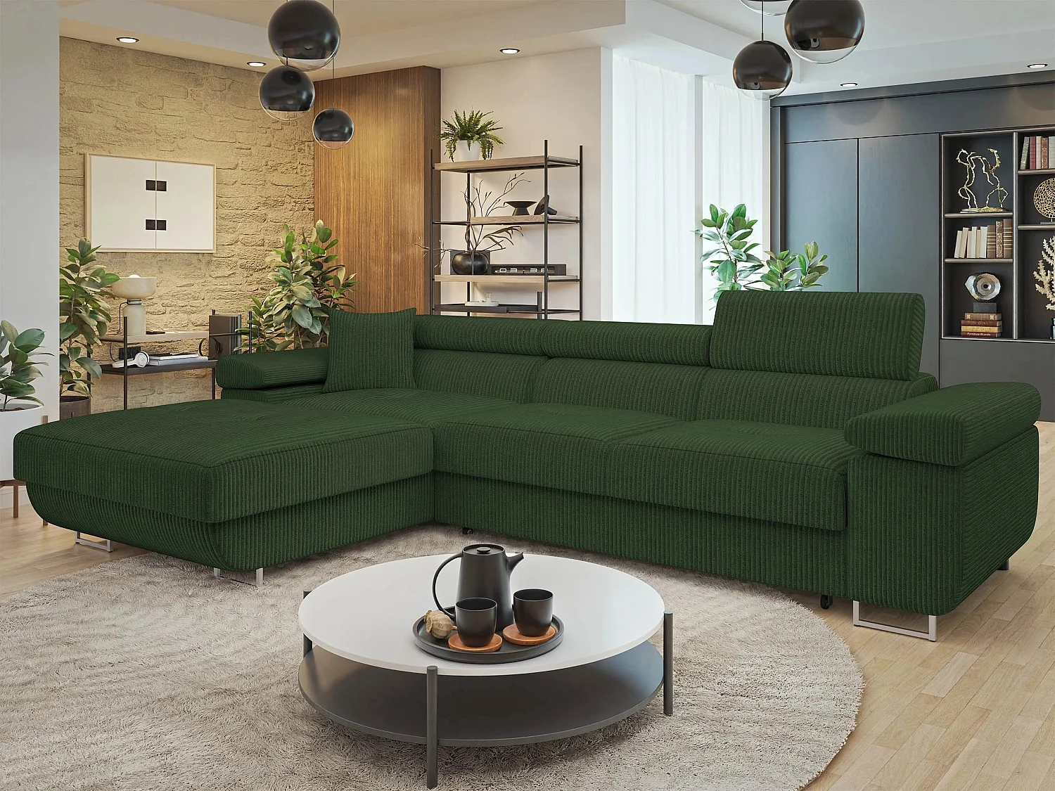 Sofá rinconero Comfivo Vinetum II, Verde, Función de descanso, Almacenaje, 280x170x70cm