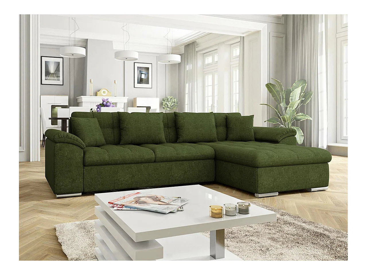 Sofá rinconero Comfivo 181, Verde, Función de descanso, Almacenaje, 280x160x76cm